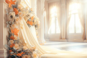 Elegant Floral Decor and Draped Fabric in a Sunlit Room
