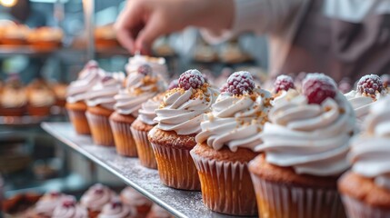  A tight shot of a tray brimming with cupcakes, each topped with luscious frosting and plump raspberries