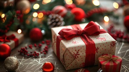 Beautifully wrapped Christmas gift with a red bow amidst holiday decorations, perfect for festive celebrations.
