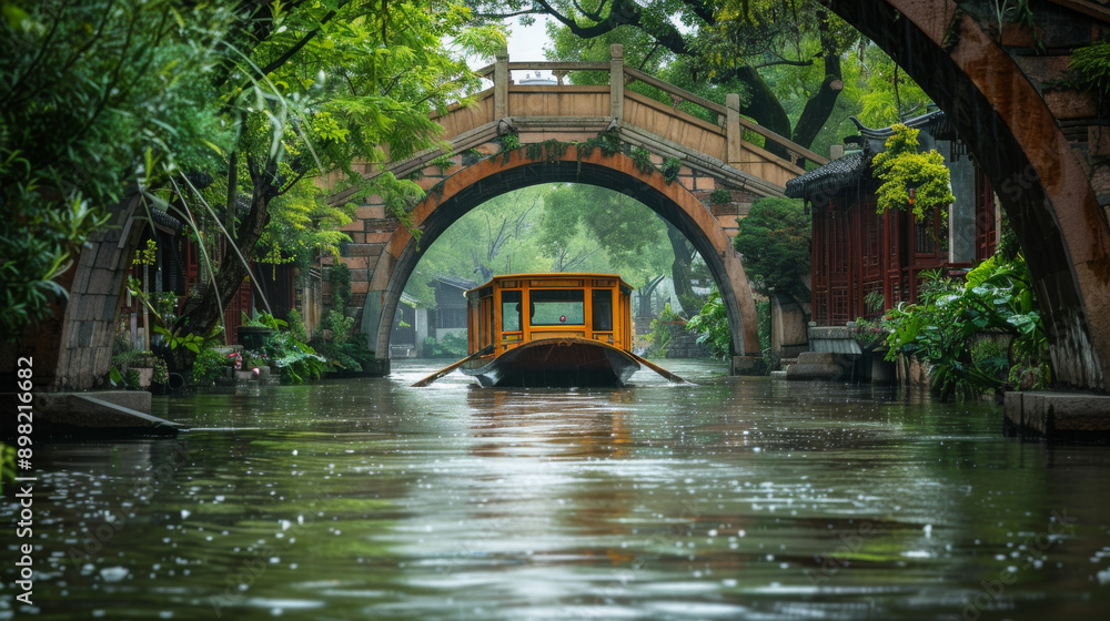 Poster a boat is floating on a river with a bridge above it