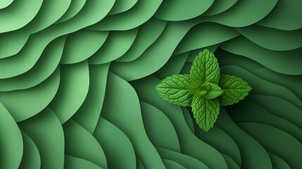 Obraz premium Abstract Green Mint Leaf on Paper Waves Background