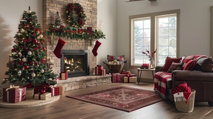 Cozy living room with a decorated Christmas tree, fireplace, stockings, and presents, perfect for the holiday season.