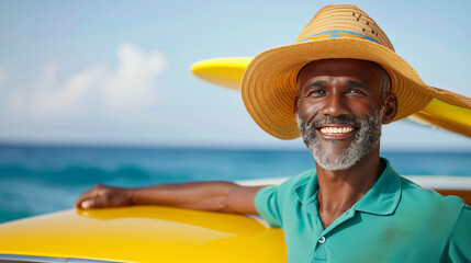 Senior african american man carrying surf board on his head on the beach