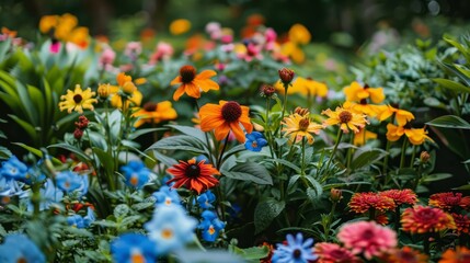  A garden teeming with various types of flowers atop a verdant forest abundant in blue, yellow, and red blooms