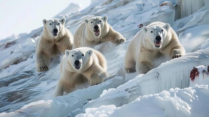 Polar bears sliding down icy slopes in their winter habitat, capturing their playful entertainment, Arctic Fun