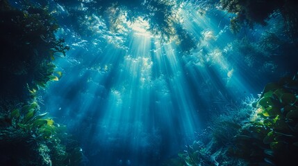 sunlight streams through water, illuminating plant life at the surface's bottom