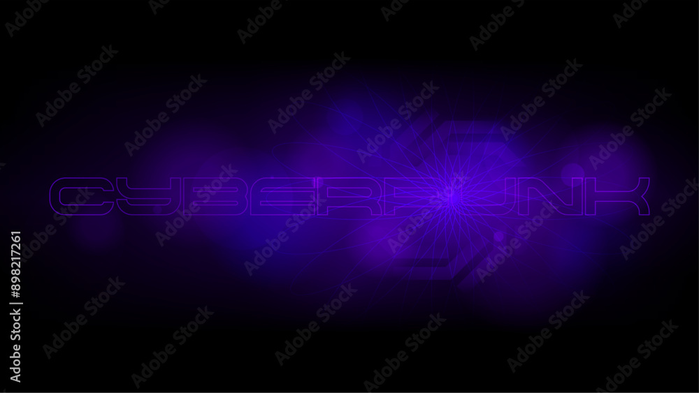 Poster abstract futuristic 'cyberpunk' typography with circle and repeated circle lines under purple bokeh 