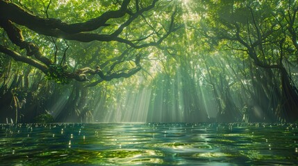 Fototapeta premium The sun illuminates the forest lake, where it filters through tree limbs and reflects off water lilies