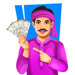 Portrait of a happy farmer holding Indian Rupee notes in hand- concept of profit or earnings, banking or financial and agribusiness