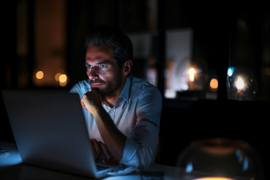 businessman working on laptop to late with serious face expression; being online all the time; stockings, trade, market; brunette adult