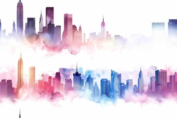Urban cityscape and skyline silhouettes in a seamless modern pattern, rendered in watercolor style