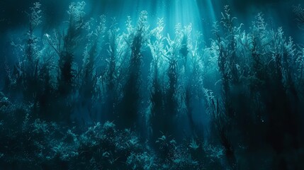 Fototapeta premium An underwater tableau featuring numerous aquatic plants in the foreground and sunlight filtering through the water's surface