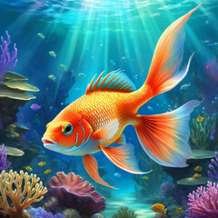 Fototapeta premium Vibrant orange white yellow blue red reef fish swim through coral reef. Sun rays pierce sea water. Variety of animal. Ecology hydrosphere. Anthropogenic factor influencing death of coral reefs. AI