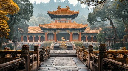 Naklejka premium A large building with a red roof and a statue of a lion in front of it