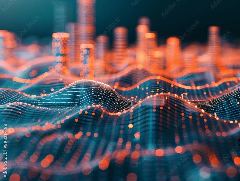Poster abstract smart city photography with data connection tech, gradient lines, and intricate wave design