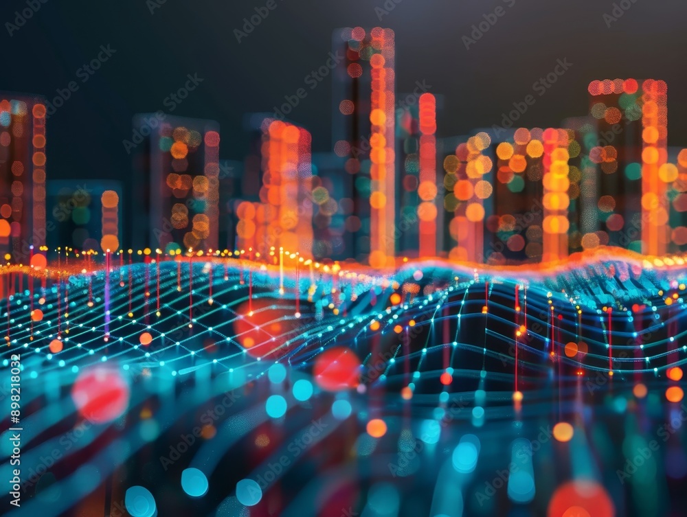Poster smart city data connection abstract point and gradient wave lines in photography shot