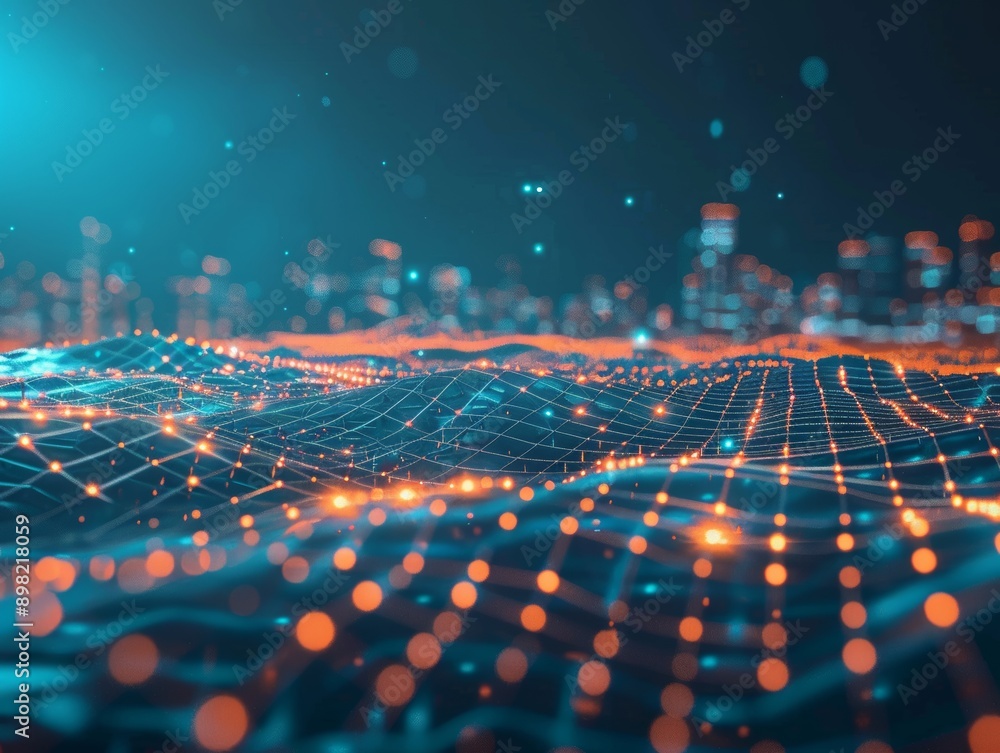 Poster abstract smart city photography with big data connection technology and intricate wave design