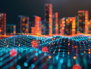 Smart city data connection  abstract point and gradient wave lines in photography shot