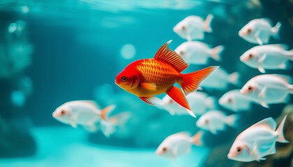 Unique Red Fish Leading a Group of White Fish in Turquoise Waters 