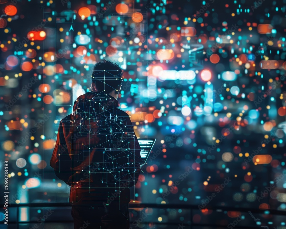 Poster futuristic technology man with mobile and laptop in smart city with big data and internet network