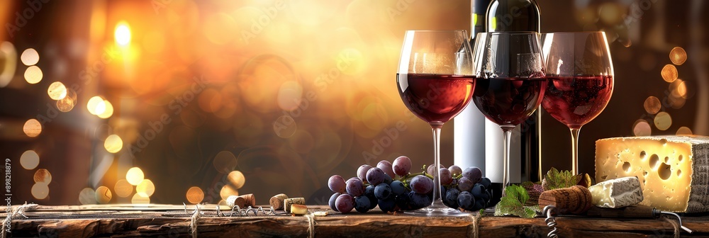 Poster two glasses of red wine with cheese and grapes on a wooden table in a cozy setting. generative ai