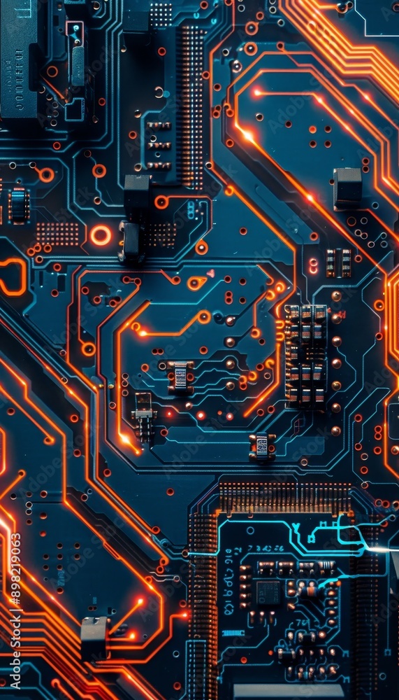 Poster vibrant orange and blue technology background with circuit board and code elements