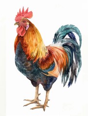 Fototapeta premium A rooster sits proudly on a pure white background, showcasing its vibrant plumage and confident demeanor
