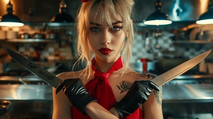 Dramatic portrait of a woman in a kitchen with crossed knives. Stylish and intense visual. Suitable for thriller concepts. AI