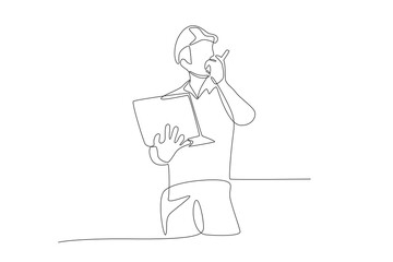 The foreman gives directions via walkie talkie. Labor concept one-line drawing