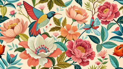 Floral seamless pattern with garden flowers peonies, bird and butterflies, vector illustration