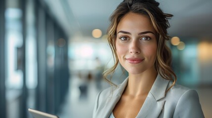 Fototapeta premium A woman in a business suit smiles at the camera, tablet in hand