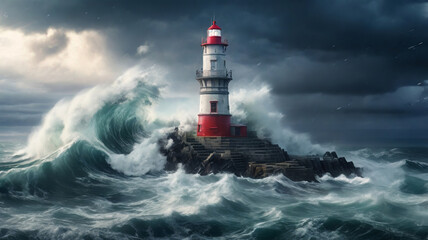 Lighthouse with a burning lantern on a dark night among the raging waves. AI