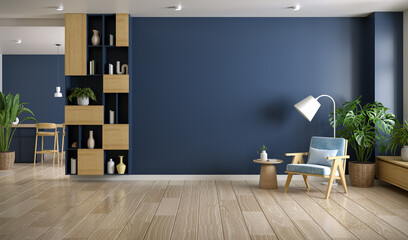 Minimal Blue interior living room ,have a blue armchair with dark blue wall mockup with wood cabinet and wood floor parquet, 3d render