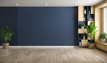 Dark blue wall mockup Modern interior ,empty room with cozy home  have wood cabinet and wood floor parquet, 3d render