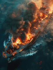 Boat on Fire at Sea