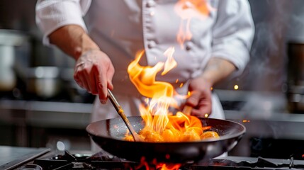  Person cooks food in kitchen using frying pan on stove with flame flares up