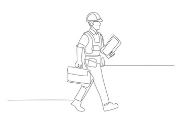 Male technician going to work. Labor concept one-line drawing