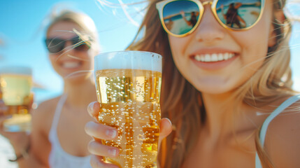 Young adult girls drinking beer at the beach and having fun