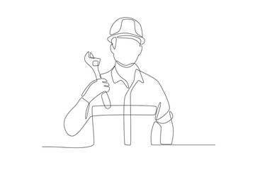 Male technician holding wrench. Labor concept one-line drawing