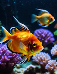 Vibrant orange white yellow blue red reef fish swim through coral reef. Sun rays pierce sea water. Variety of animal. Ecology hydrosphere. Anthropogenic factor influencing death of coral reefs. AI