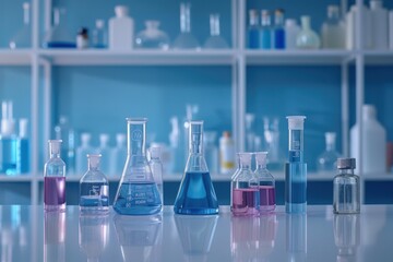 Assorted beakers and flasks in a lab filled with colored liquids.