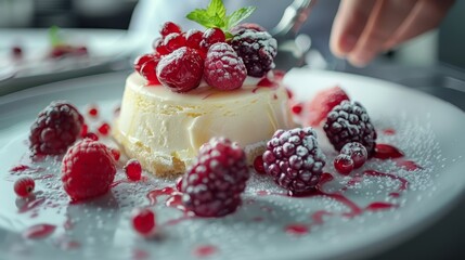  A white plate holds a slice of cake, its surface dotted with ripe raspberries A sprinkle of fresh mint serves as an inviting garnish