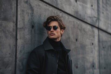 Fashionable man with sunglasses posing against urban concrete wall