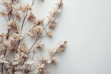 Delicate off-white flowers on thin brown stems against white background.