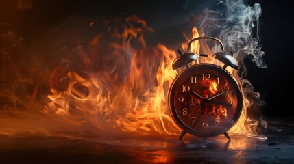 A vintage alarm clock engulfed in flames with a time 