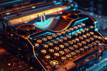 Vintage typewriter with modern holographic display, evolving business communication, with copy space