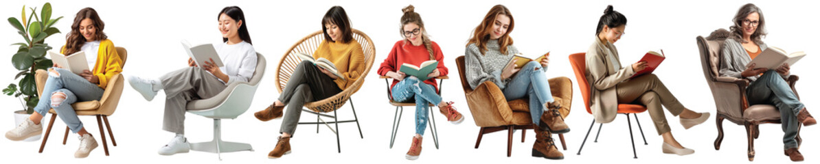 Pack of Happy woman reading book while sitting on chair set against transparent background