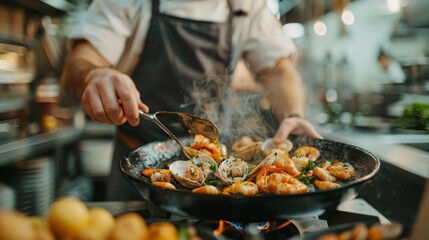  A person prepares shrimp in a skillet on the stove, wielding a spatula Background includes sliced lemons