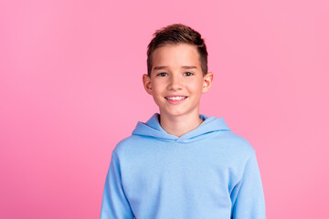 Photo portrait of cute teen boy look camera toothy smile dressed stylish blue clothes isolated on...