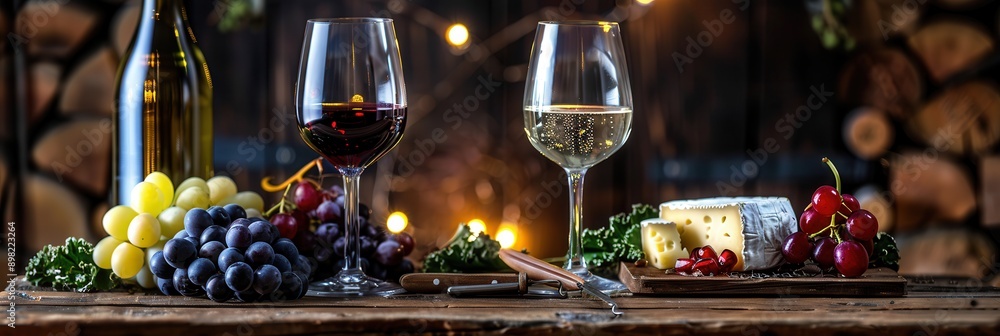 Poster two glasses of wine, one red and one white, sit on a rustic wooden table with a cheese plate and gra